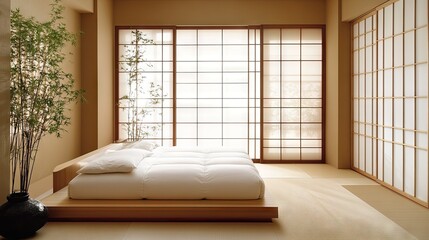 A Japanese-style bed with a simple, elegant design, set in a room with sliding paper doors.