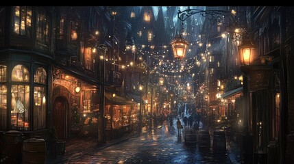 Obraz premium A magical city scene at night, where dreams come true, with twinkling lights, bustling streets, and a sense of boundless potential.