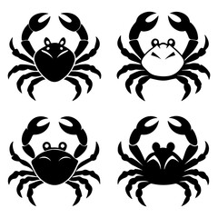 Collection of crab silhouettes, underwater marine animal vector, and crab icon set. Sea crabs are a popular dish.
