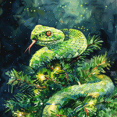 Fototapeta premium Green snake with red eye and detailed scales, wrapped around a Christmas tree branch with glowing lights.