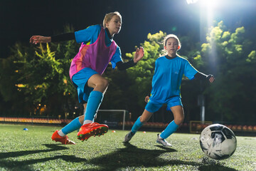 Naklejka premium young Caucasian soccer player girls in action, soccer practice at night. High quality photo