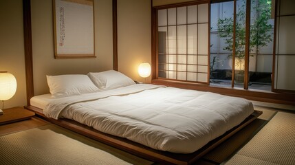 A Japanese-style bed with a simple, yet sophisticated design, set in a room with traditional