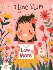 A young girl with a big smile holds a card that reads 'Love Mom' in a field of flowers.