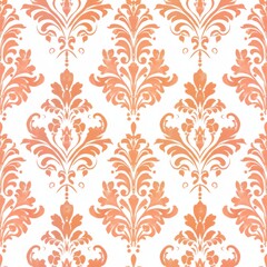 Seamless orange damask floral pattern with symmetrical baroque motifs on a white background, creating a vintage and ornamental design.