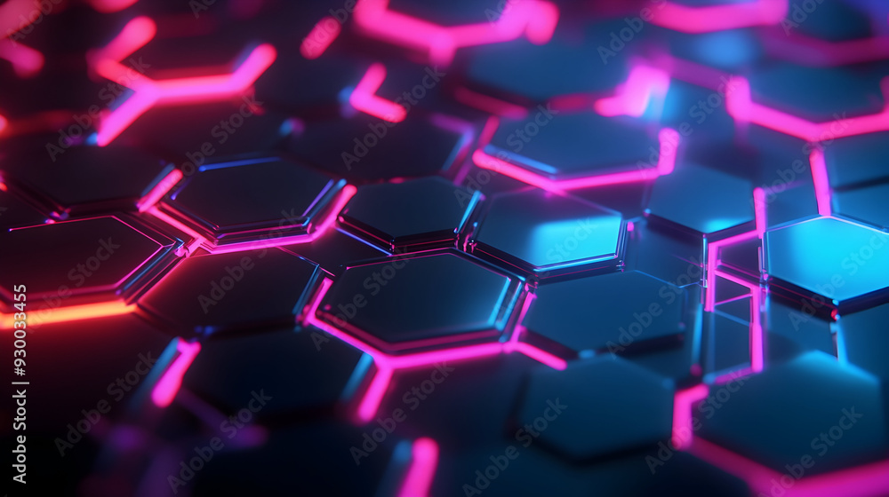 Fototapete abstract and futuristic hexagonal background with colorful and glowing neon effect. modern technolog
