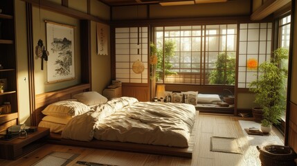 Obraz premium A Japanese-style bedroom with a low-profile bed, neutral tones, and a calming atmosphere.