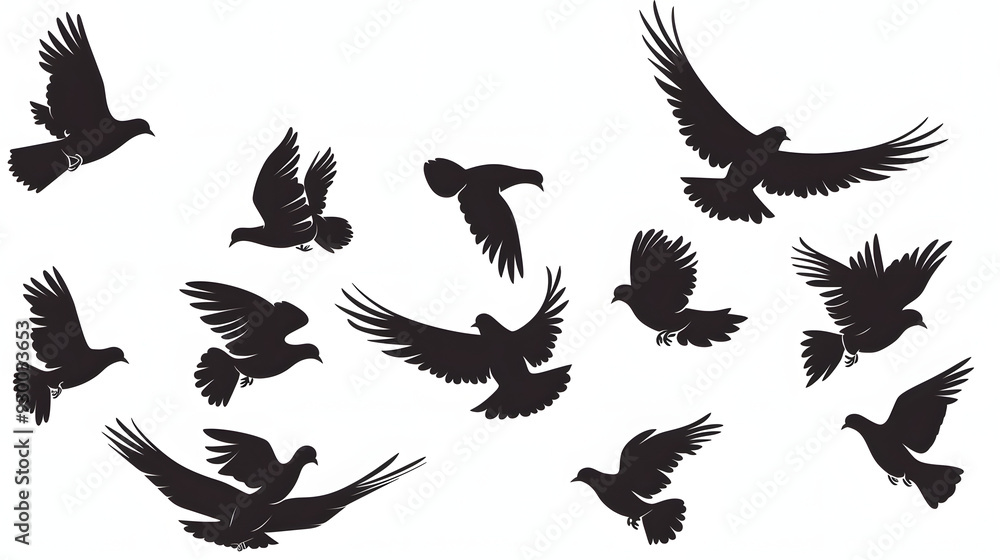 Wall mural Silhouettes of flying pigeons on white background. Vector illustration.