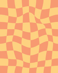 Groovy 70s background with wavy checkered pattern in retro orange colors, perfect for vintage