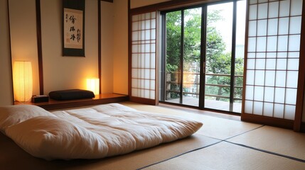 Obraz premium A Japanese-style bedroom with a tatami mat floor, shoji screens, and a minimalist futon bed.