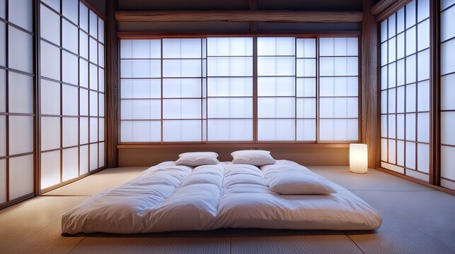 A Japanese-style bedroom with a tatami mat floor, shoji screens, and a minimalist futon bed.