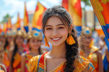 Obraz premium A community celebrating a national day with flags, parades, and traditional music,