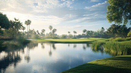 A serene pond at the edge of a golf course, where the calm waters and scenic backdrop create a perfect blend of relaxation and sport.