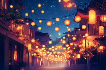 : "Mid-Autumn Festival Banner: City Street Scene with Lanterns and Ornaments"