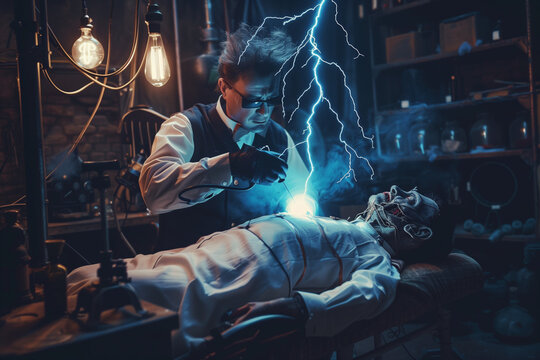 It's Alive with Frankenstein's Scientist Harnessing Electricity to Awaken His Monster in a Horror Halloween Laboratory