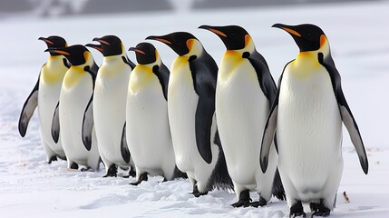 Fototapeta premium A group of penguins are standing in the snow