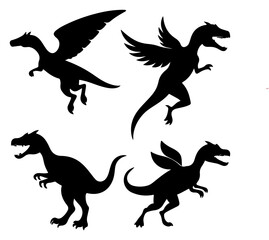 Collection of dinosaur silhouettes, T-Rex Tyrannosaurus vector illustration, and raptor dinosaur icon set.