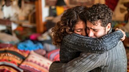 Fototapeta premium A man and woman are hugging each other in a bedroom