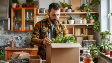 A man is opening a box of greens in a kitchen