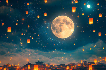 "Mid-Autumn Festival Background Banner: Full Moon and Colorful Lanterns"