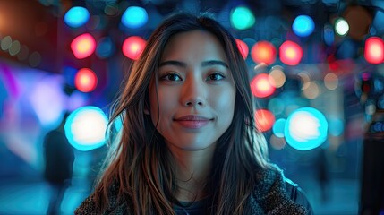 A woman with long hair is smiling at the camera