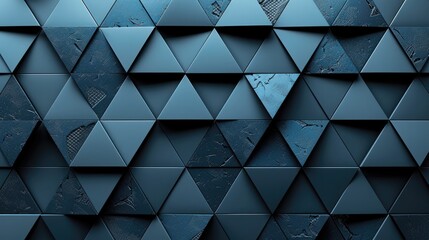 Blue and black background with minimalistic triangles for design, banner template, white space in the center of the page for text. Abstract minimalist triangles, 3D rendering. Generative AI.