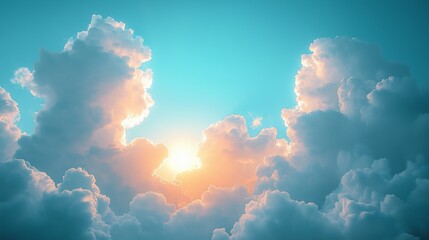 Serene Cloudscape with Sunlight Breaking Through Fluffy Clouds in a Clear Blue Sky, Capturing the Beauty of Nature and Atmospheric Tranquility