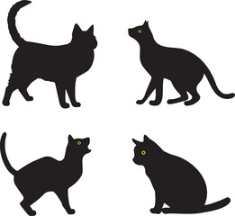 Set of silhouettes of cats with yellow eyes on a transparent background