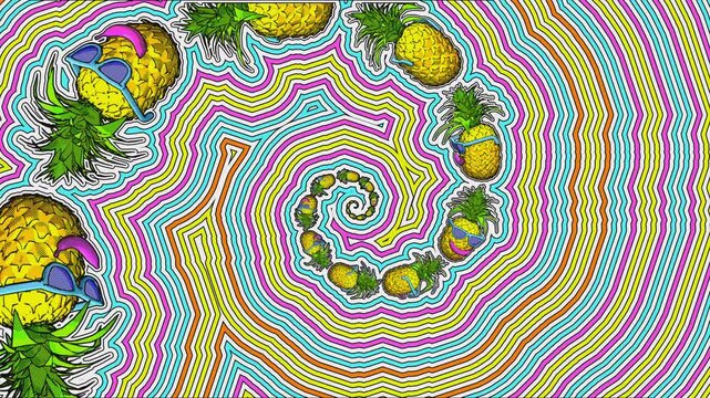 Seamless hypnotic animation of a spiral of pineapples with sunglasses. Funny psychedelic summer background cartoon style with wave echo lines.
