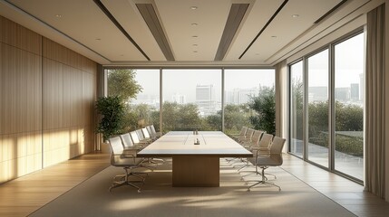 Modern conference room with large windows, minimalistic design, greenery, and ample natural light for productive meetings.