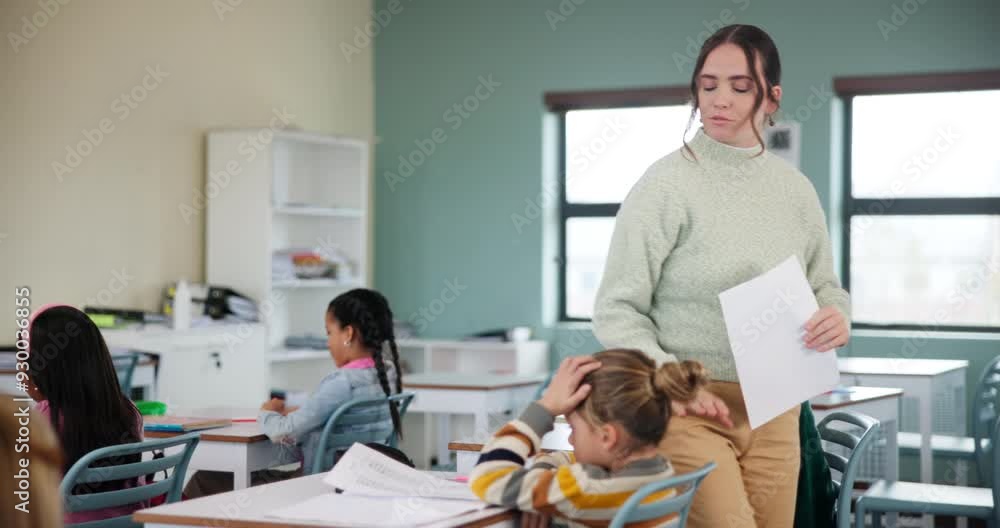 Poster Student, teacher and kids in school, marks and asking of assignment for homework and woman. Classroom, happy and education for child, desk and chat for knowledge, learning and helping with project