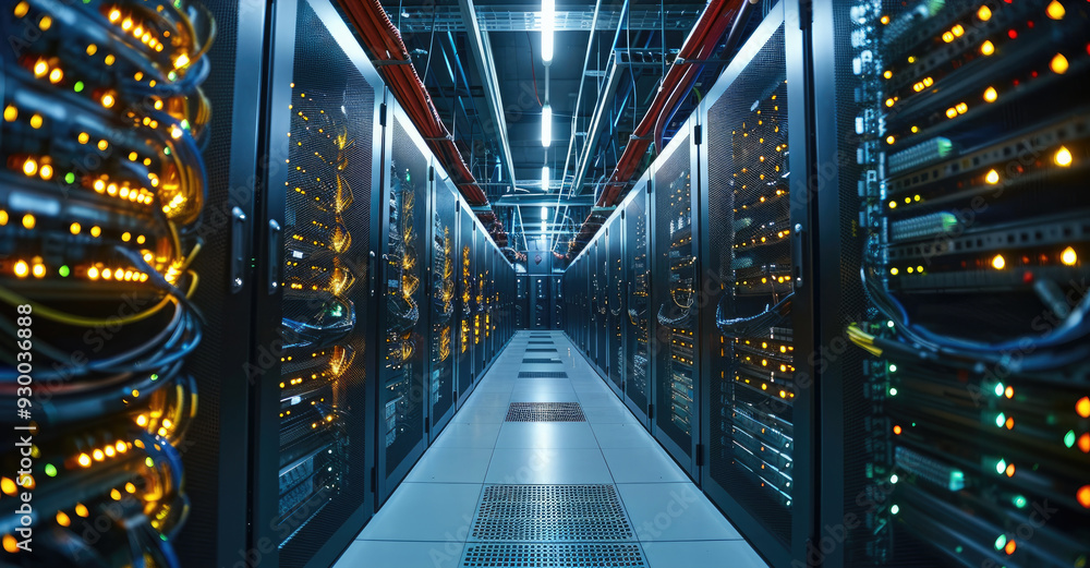 Poster a network server room filled with rows of servers and intricate cable management glowing in dim ligh