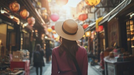 Obraz premium An Asian woman in a stylish outfit, walking through a picturesque city street, capturing the essence of travel lifestyle in a panoramic view.