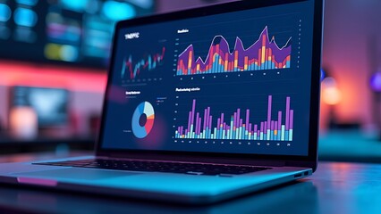 Closeup screen of the laptop or notebook device, displaying the colorful website traffic metrics, graphs and analytics for the ranking of the blog on the internet or web online, visitors statistics