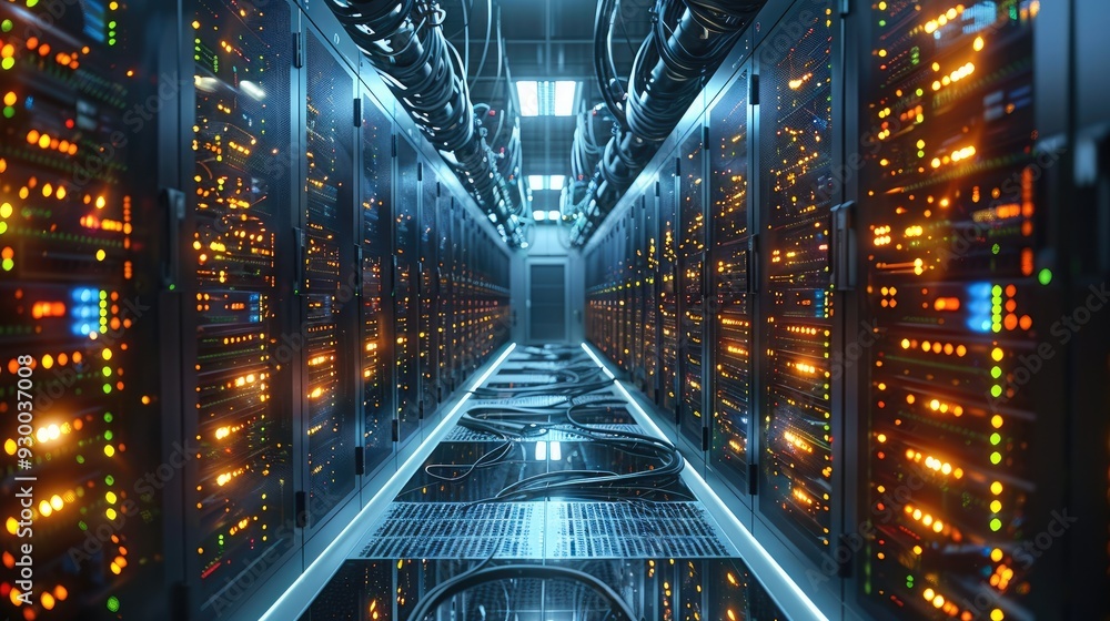 Poster a network server room filled with rows of servers and intricate cable management glowing in dim ligh