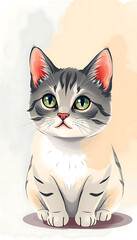 Fototapeta premium Gentle Gray and White Kitten with a Calm Expression - Minimalist and Clean Design Animal Illustration