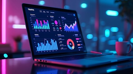 Closeup screen of the laptop or notebook device, displaying the colorful website traffic metrics, graphs and analytics for the ranking of the blog on the internet or web online, visitors statistics
