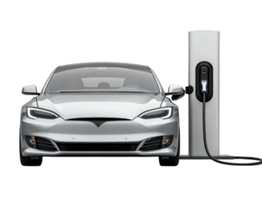 Sleek silver electric car charging at station isolated on white. PNG transparent.