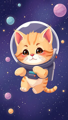 Fototapeta premium Playful Orange Kitten Floating in Space Wearing an Astronaut Suit - Whimsical Space-Themed Cartoon Illustration