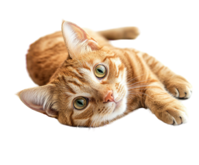 Playful orange tabby cat lying on side isolated on white. PNG transparent.