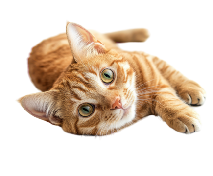 Playful orange tabby cat lying on side isolated on white. PNG transparent.