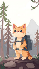 Obraz premium orange cute cat walking in forest with backbag, adventure, traveling and hiking