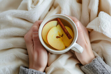 Sick ill girl drinks black herbal tea with apple and cinnamon stick in bed. Autumn drink, medical home treatment and comfort concept
