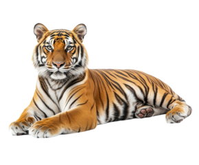 Majestic tiger lying down isolated on white. PNG transparent.