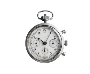 Classic silver stopwatch isolated on white background. PNG transparent.