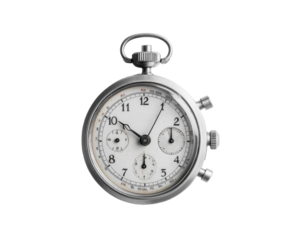 Classic silver stopwatch isolated on white background. PNG transparent.