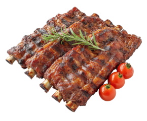 Grilled pork ribs with garnish isolated on white. PNG transparent.