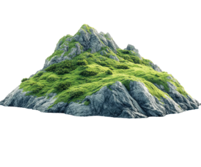 Lush green rocky island isolated on white. PNG transparent.
