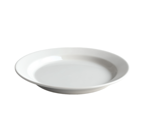 Plain white ceramic plate isolated on white. PNG transparent.