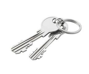 Set of silver keys on a keyring isolated on white. PNG transparent.