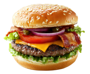 Juicy hamburger with toppings isolated on white. PNG transparent.